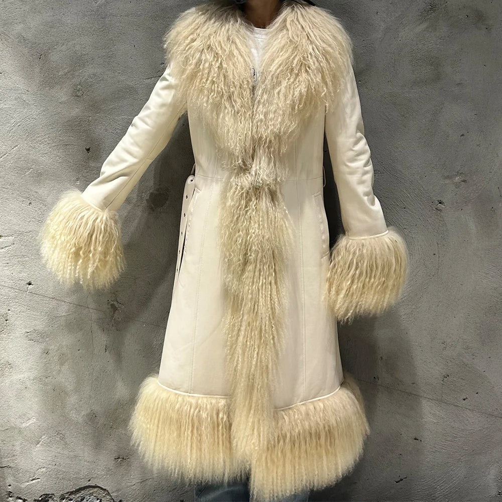 Winter Suede Long Fur Coat Mongolia Long Sheep Fur Collar New Arrival Camel Fur Jacket