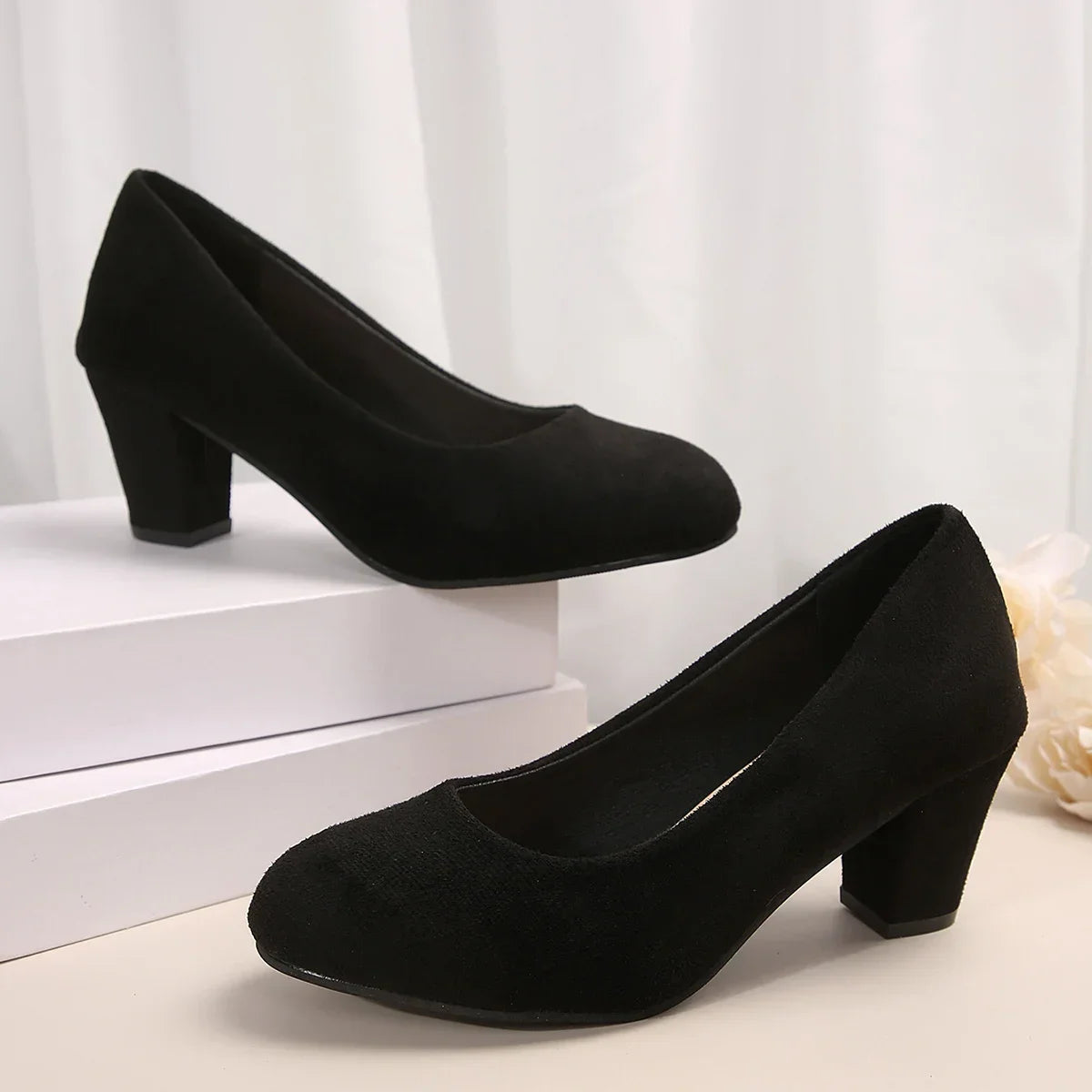 Autumn Single Shoes Women's Fashion New Round Toe Shallow Suede Cover Foot Non-slip Wear-resistant High Heels