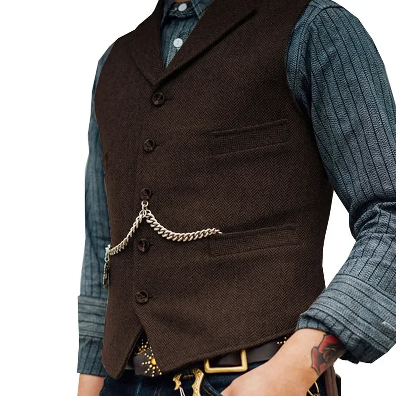 Wool Tweed Men's Suits Vest for Groomsmen Wedding Lapel Casual Slim Business Vests Sleeveless Waistcoat Male Gilet Homme Vests