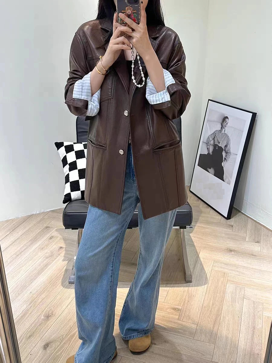 2025 Autumn Women's Oversized Real Leather Jacket Female 100% Sheepskin Retro Brown Broad Shoulder Suit Coat Streetwear Blazer