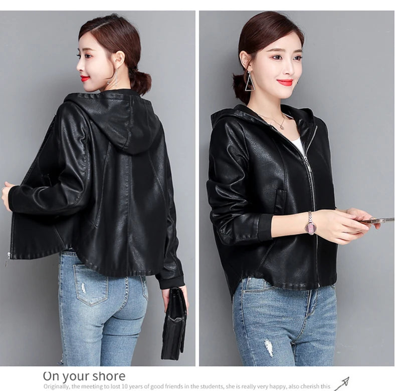 New Women Casual Leather Jacket Spring Autumn Fashion Hooded Zipper Split Leather Loose Outerwear Short Sheepskin Tops Coat