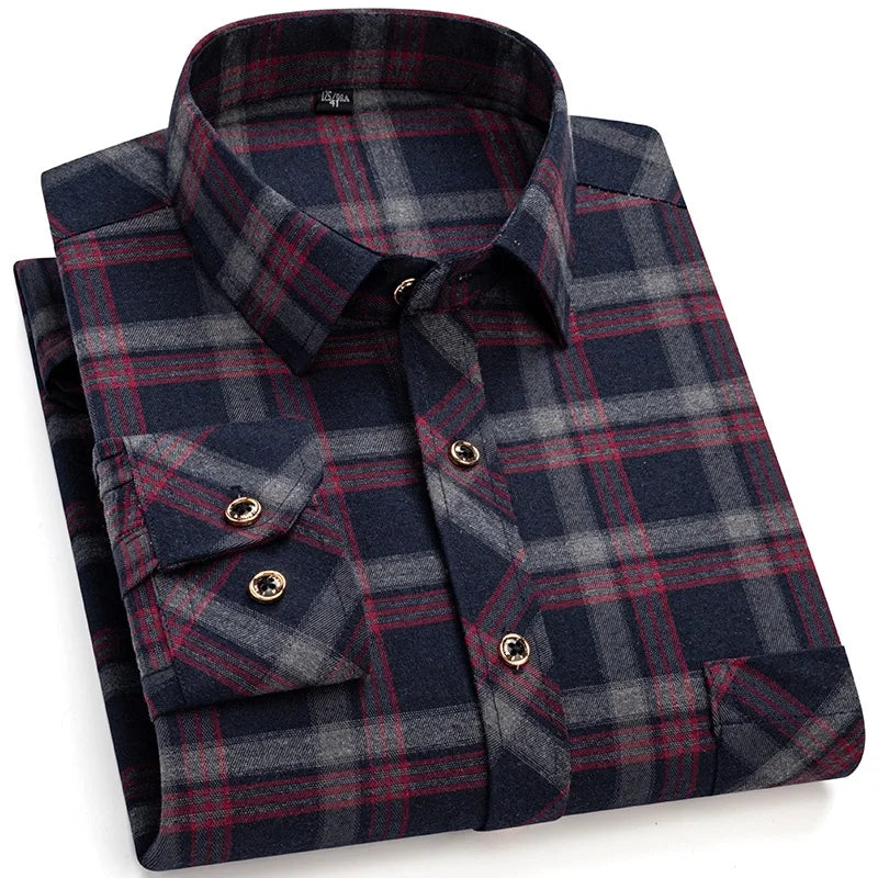 M-6XL Men's Pure Cotton Flannel Shirts Long Sleeve Single Pocket Casual Plaid Thick Soft Cozy Brushed Shirts Blouse Men Clothing