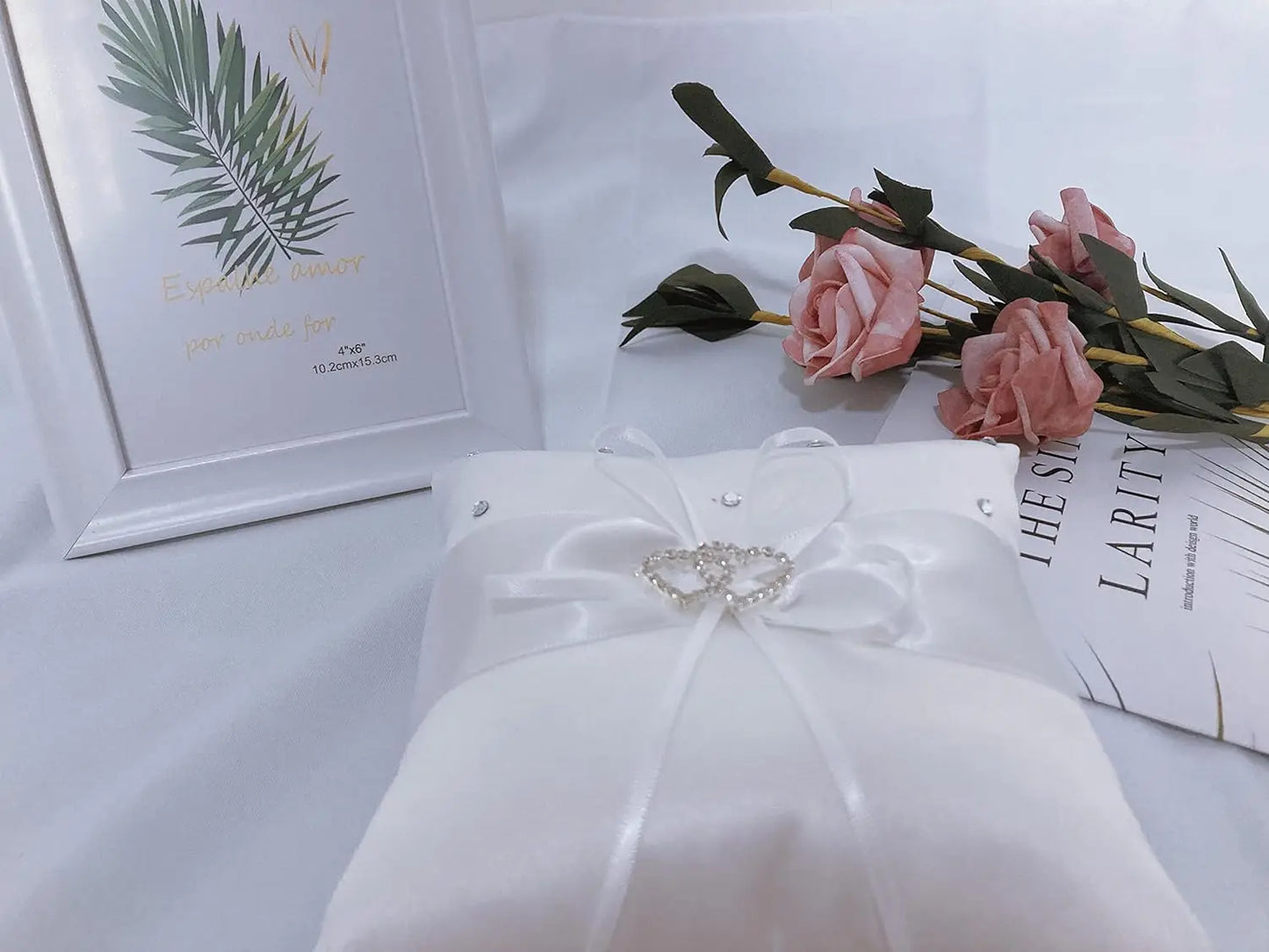 Ring Cushion Wedding Cushion Wedding Ring Cushion with Satin Wedding Decoration with Double Hearts Approx. 10 cm x 10 cm