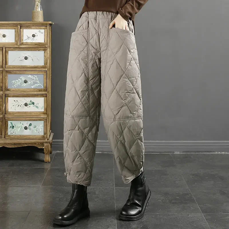 Vintage Quilted Pants Women Winter Warm Trouser Cotton-padded Pants Casual Design Pockets Elastic Waist Korean Chic Black Pants