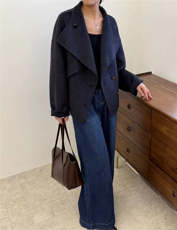New Winter Short Woolen Coat Fashion Causal Warm Mulberry Silk Lapel Double-sided Wool Coat Loose Suit Jacket Female Tide Autumn