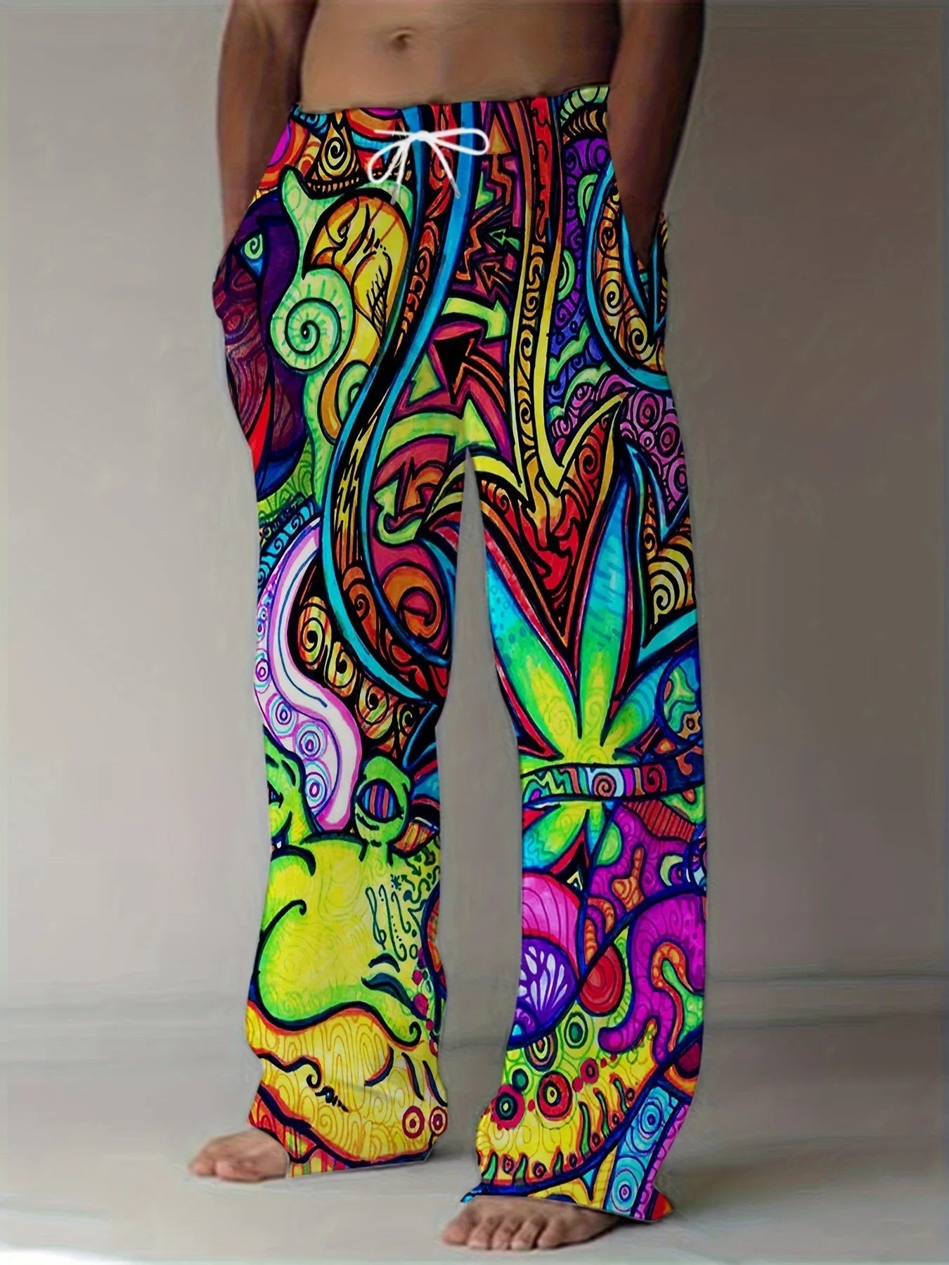 2025 New Men's Pants, Summer Beach Pants, Drawn-out Pocket Casual Pants, Abstract Texture Printed Men's Pants, Cheap Roupa