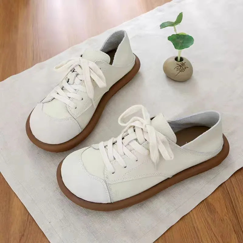 2025 New Wide Toe Shoes Women's Lace Up Sneaker Girls Half Slipper Sneakers Woman Faux Leather Vulcanized Sneakers New