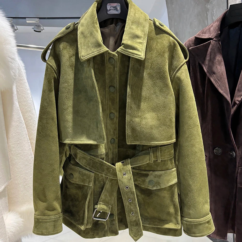 YOLOAgain Real Leather Suede Jacket Women Dark Brown Single Breasted Leather Coat With Belt