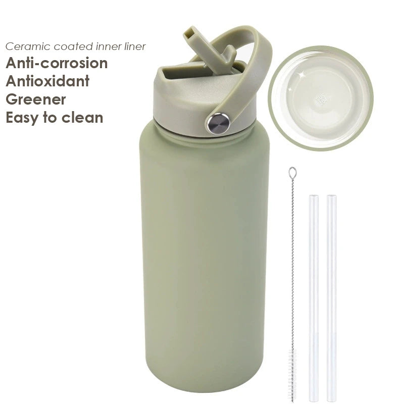 1000ML Water Bottle With Straw Lid Vacuum Insulated FlaskThermos Tumbler Ceramic Anti-Corrosion Coating Custom Gifts