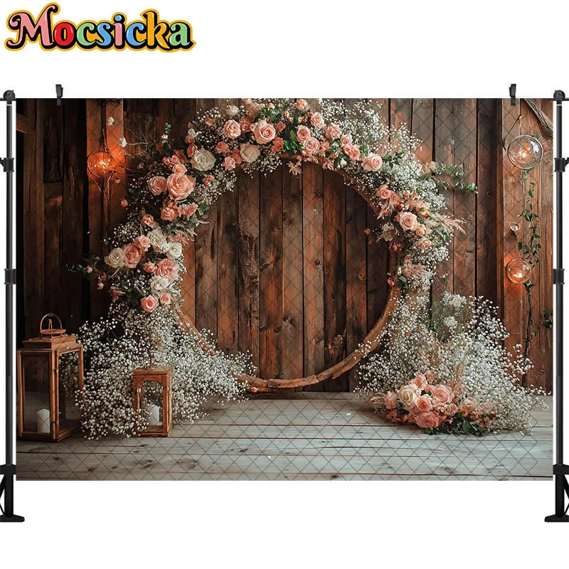 Wedding Theme Photography Background Round Wreath Wooden Wall Decoration Couple Wedding Scene Supplies Backdrop Studio Props
