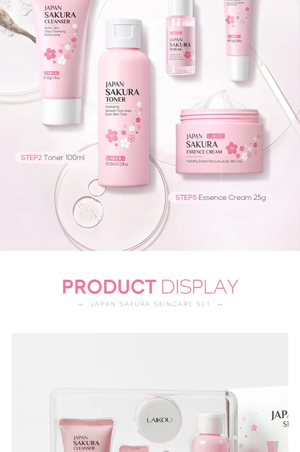 LAIKOU Sakura Kit Skin Care Sets Moisturizing and Reducing Fine Lines Cleansing Pore Product 5-Piece Korean Valentine's Day Gift