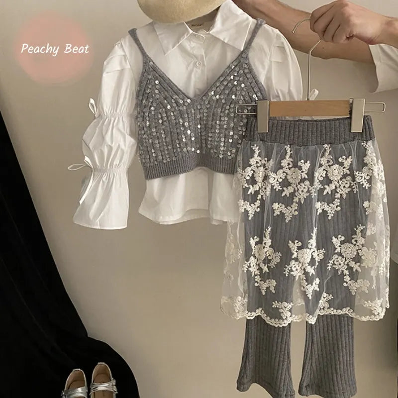 Fashion Baby Girl Ruffled Bow Shirt+Sequins Vest+Pant 3PCS Infant Toddler Child Clothes Set Spring Autumn Baby Clothes 1-12Y