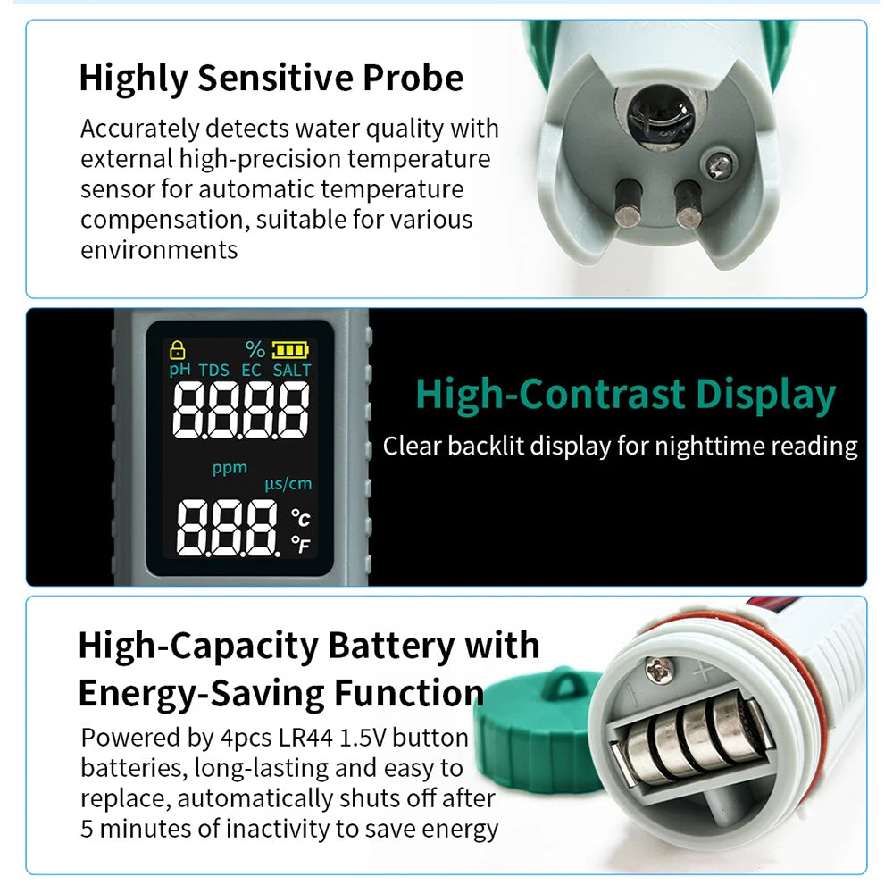 X51 Digital Water Quality Monitor Tester TDS PH Meter PH/TDS/EC/SALT/Temperature Meter for Pools Drinking Water Aquariums