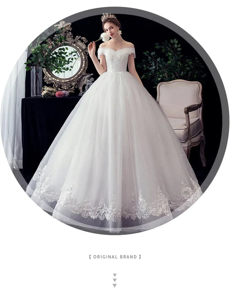 Shiny Wedding Gowns Sweet Boat Neck Wedding Party Ball Gown Off Shoulder Wedding Dresses Customized For Women