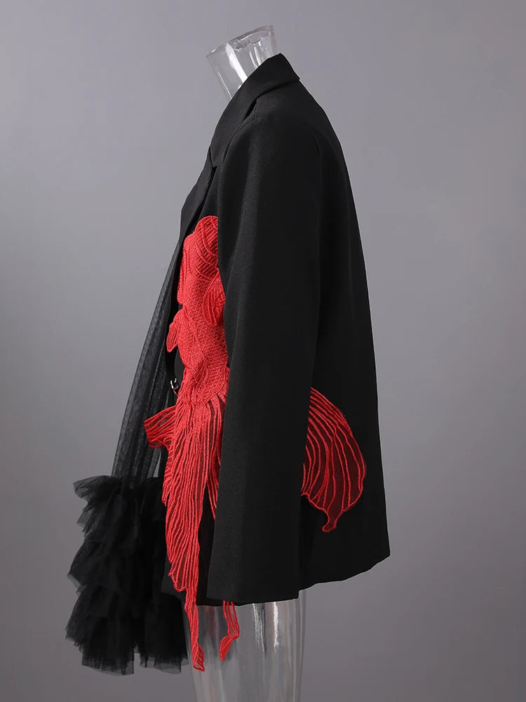 [EAM] Women Black Mesh Irregular Fish Spliced Big Size Blazer New Lapel Long Sleeve Jacket Fashion Spring Autumn 2026 CPG2902