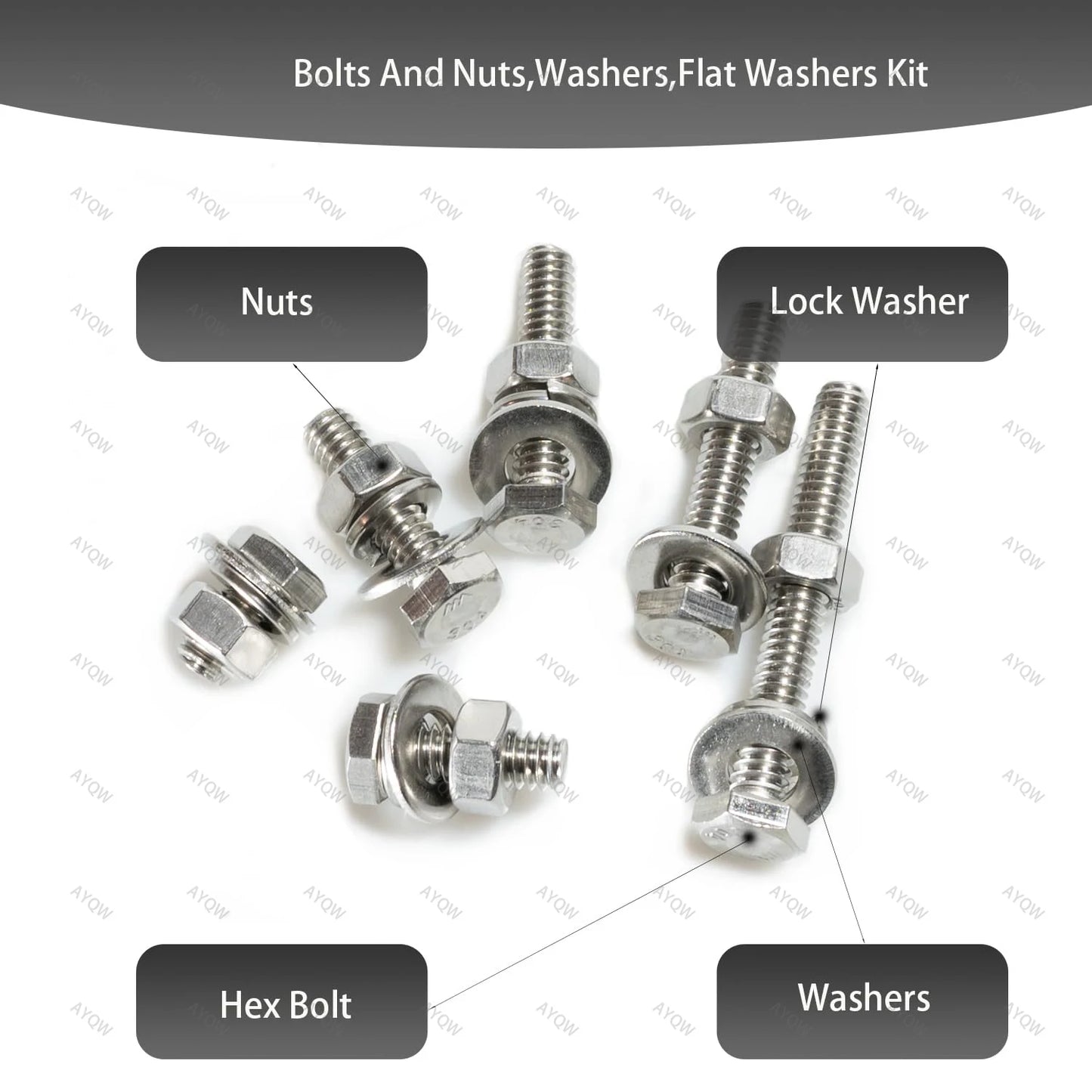 120/240/480pcs Stainless Steel Nuts and Bolts Assortment Kit, Including 6 Sizes Hex Bolts,Flat Washers, Lock Washers.