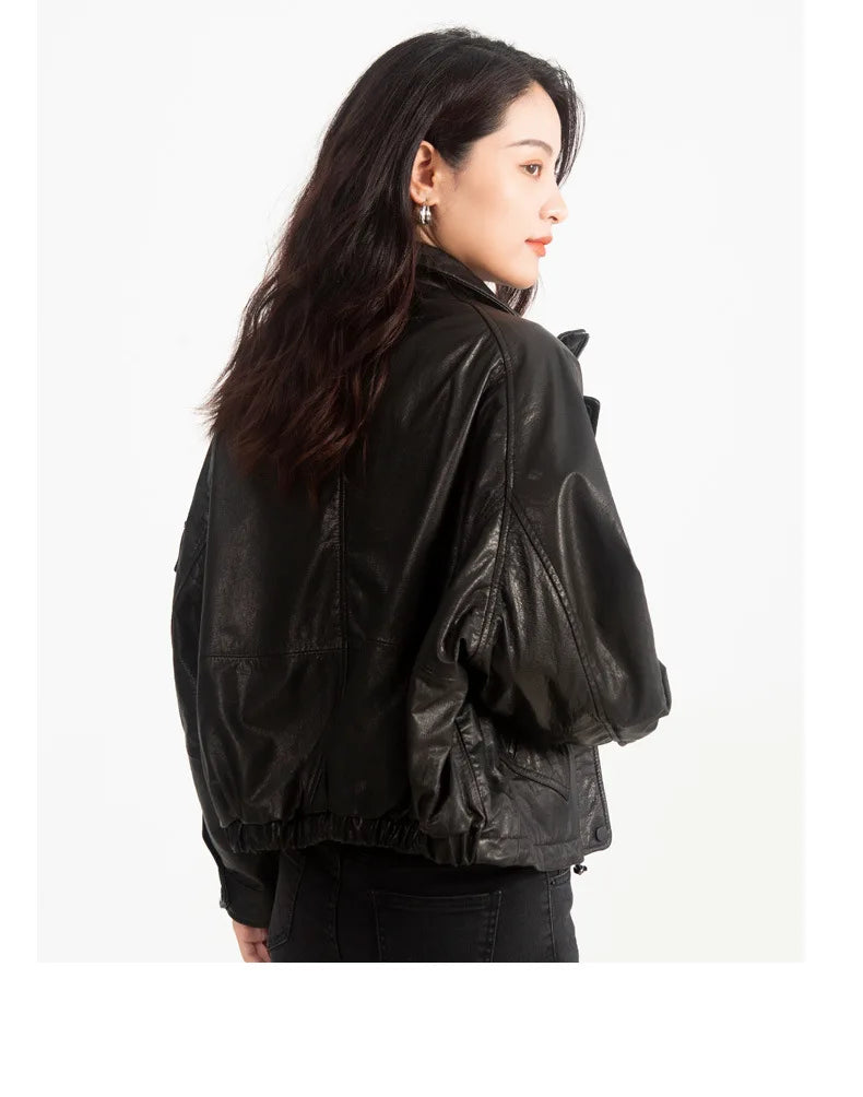 Oil Wax Sheepskin Coats for Women Winter 2024 Green/Blue/Red/Black Fahion Loose Slim Motorcycle Zipper Short Leather Jacket
