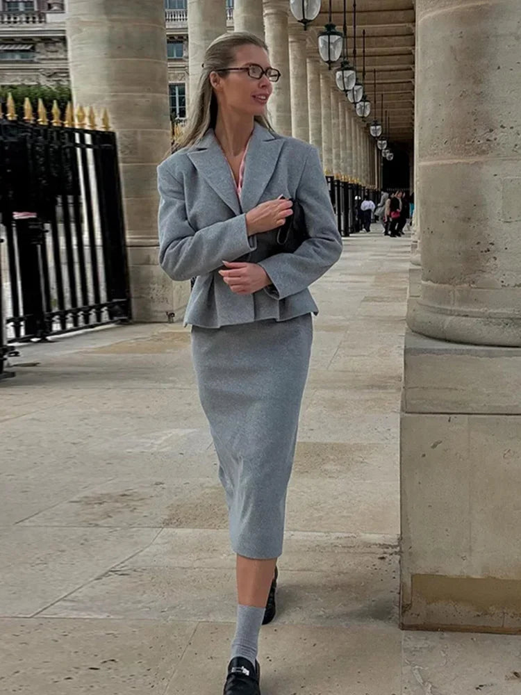 Elegant Women Solid Woolen Blazer Coat Skirt Suits Fashion Lapel Long Sleeves Overcoat Slim Hip Package Long Skirts Lady Outfits