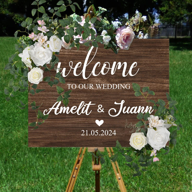 Custom Wedding Welcome Sign With White Artificial Wedding Arch Flowers Wedding Welcome Sign Personalised Decor