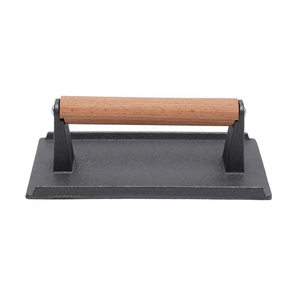 Cast Iron Meat Press Board Heavy-Duty Flat Top Steak Burger Press Wooden Handle Round Rectangular Grill Hamburger Grinder