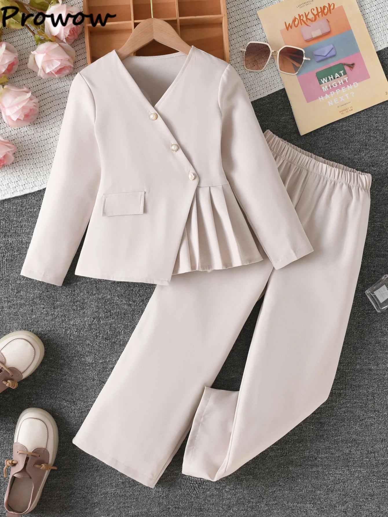 6-14Y Kids Fashionable Suit For Girls Slant Collar Beige Irregular Coat and Suit Trousers Spring Fall Kids Blazer Girls Outfits