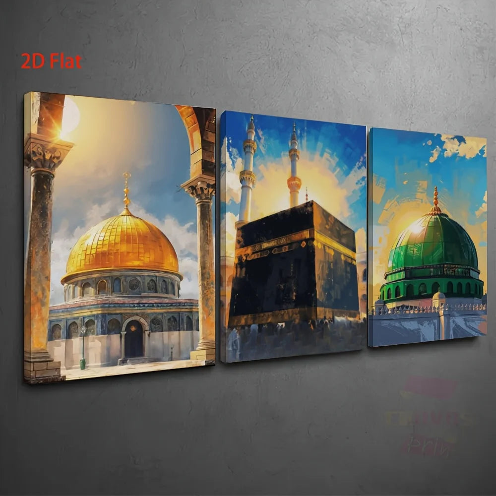 3pcs Muslim Religious Style Islamic Holy Sites Poster Print Al-Qaba Mosque with Gold-Plated Dome Decorative Canvas Art Eid Gift