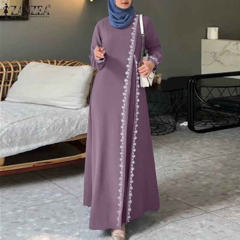 Autumn Lace Crochet Maxi Dress ZANZEA Muslim Turkey Abaya Elegant Loose Vestidos Women Long Sleeve O Neck IsIamic Robe Kaftan