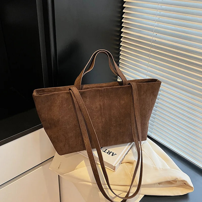 Large Capacity Tote Women Bag Retro Faux Suede Shoulder Bag Quitting Designer Bags for Women Handbag Commuting Shopper Purses