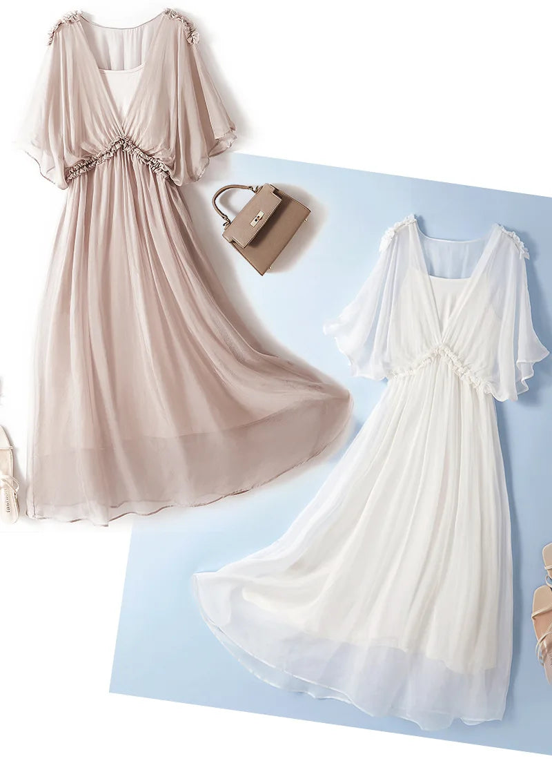 100% Silk Dress New Fashion Summer Dresses For Women 2024 High Quality Casual Dress Women Elegant Midi Dress Vestido Feminino Lq