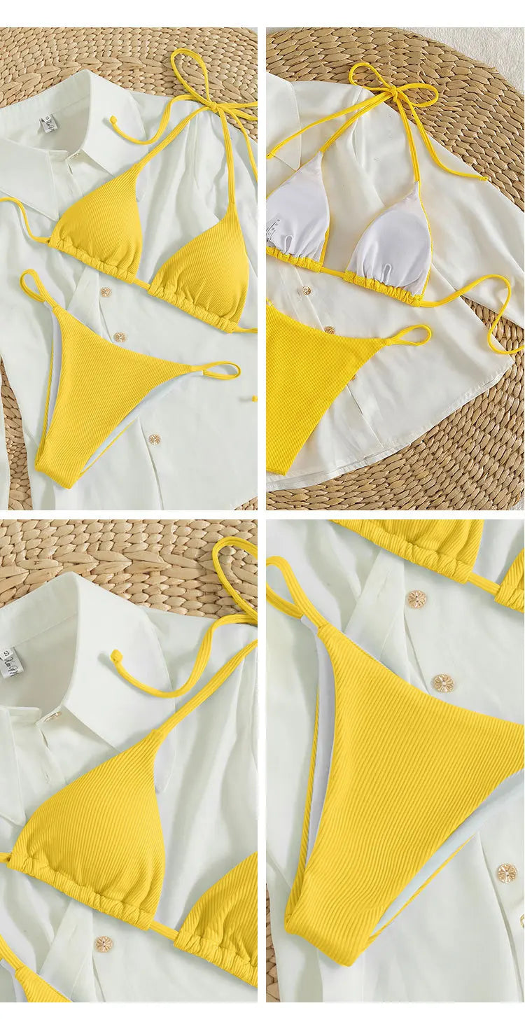 Bathing Suit Women Sexy Solid Halter Swimsuit Special Stripe Fabric Bikini Set Drawstring Lace Up Two-piece Split Beach Biquini