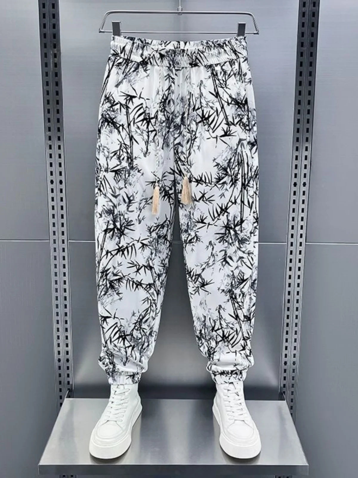 Ice Silk Men's Casual Fashionable Bamboo Leaf Print Sports Pants Loose Fit Long Trousers Youth Summer Active Wear