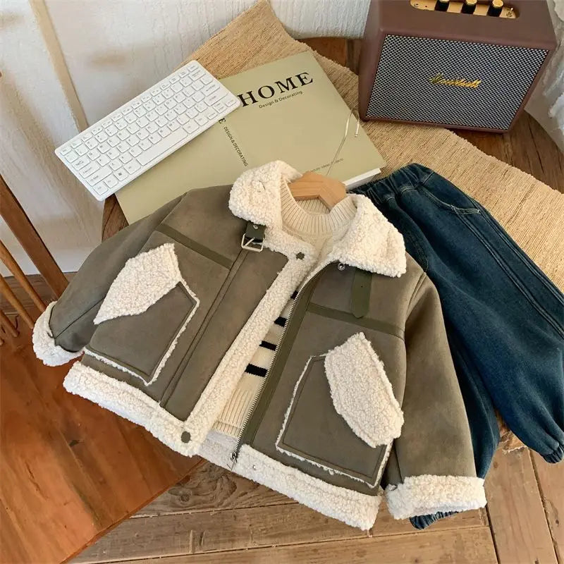 Winter New Children's Jacket Boys and Girls Baby Plush Thickened Cotton Coat Warm Jacket Motorcycle Coat  Autumn