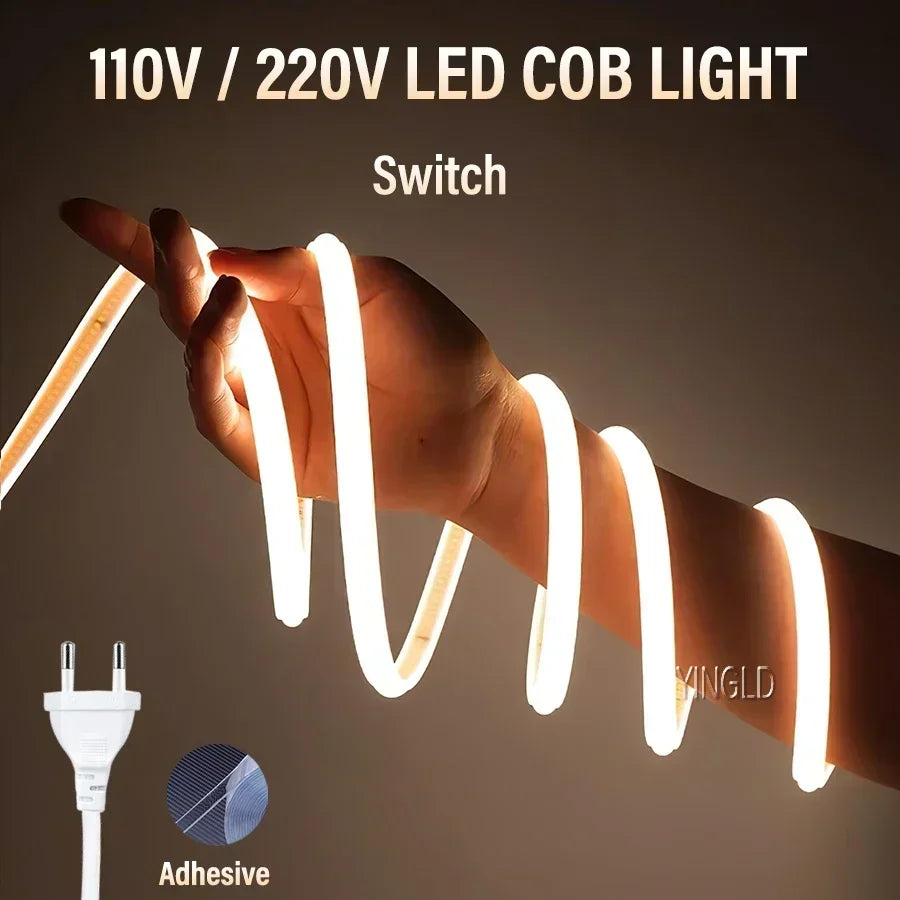 led Strip Brightness Waterproof COB LED Strip 220V Flexible Ribbon for Room Bedroom360 LEDS/m Kitchen Outdoor Garden Lighting