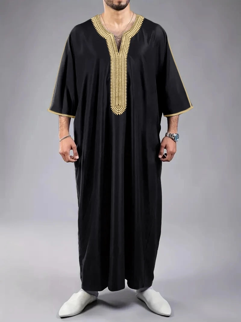2024 New Islamic kaftan White Muslim short sleeve embroidered garment Embroidered short sleeve