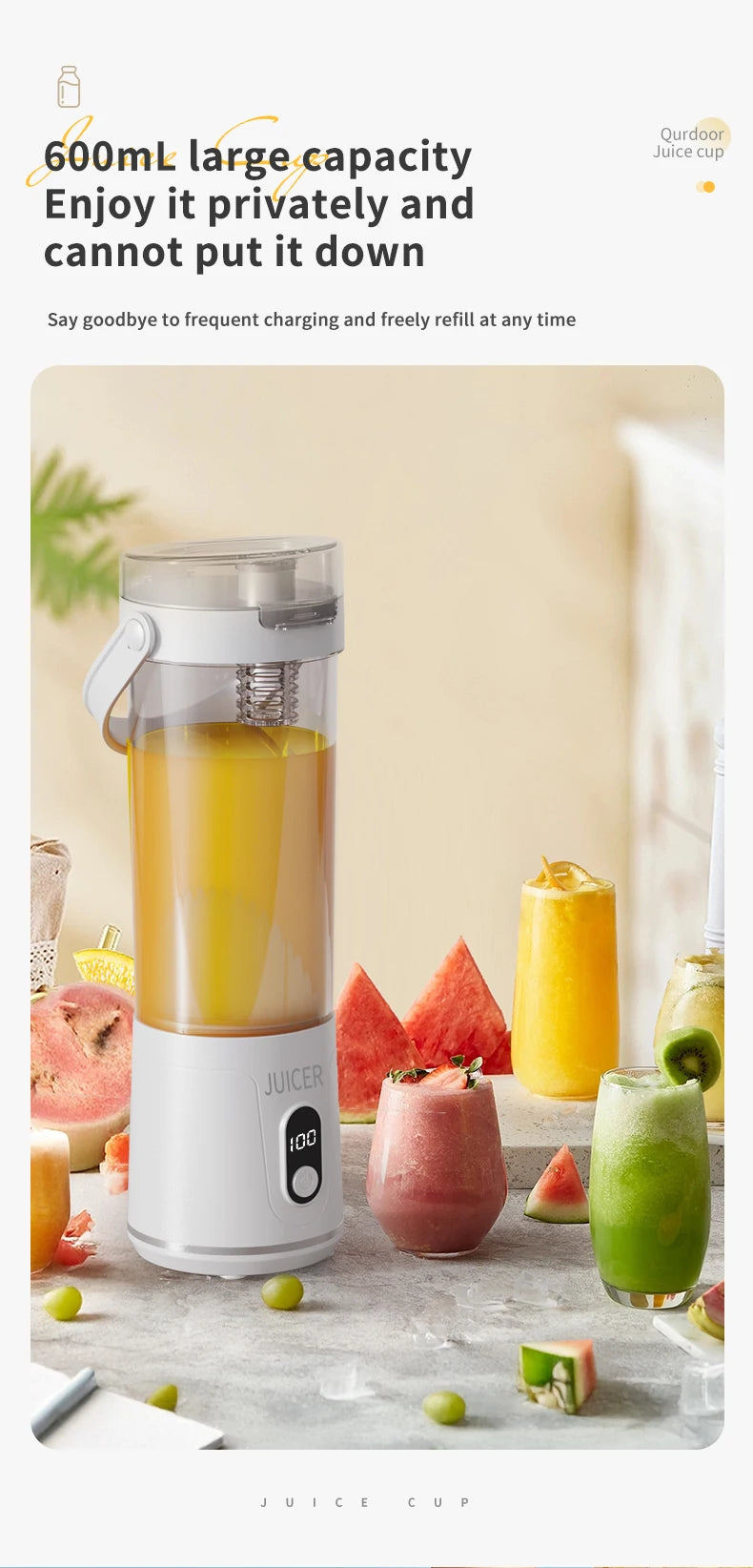 Electric Portable Blender Wireless Rechargeable USB Fruit Blender 600ML Kitchen Mixer Machine Traveling Juicer Cup Fruit Blender