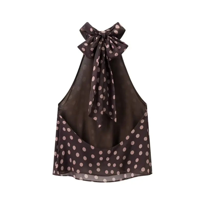 Summer Women Elegant Halter Top Bow Decor Polka Dot Backless Sleeveless Chiffon Shirt Casual Vacation Outfit