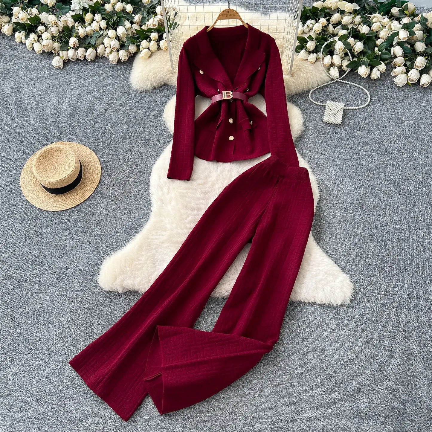 Pant Set Women Two Piece Sets Turn Down Collar Full Sleeve Tops Wide Leg Long Pants High Elastic Waist Y2k Streetwear Elegant
