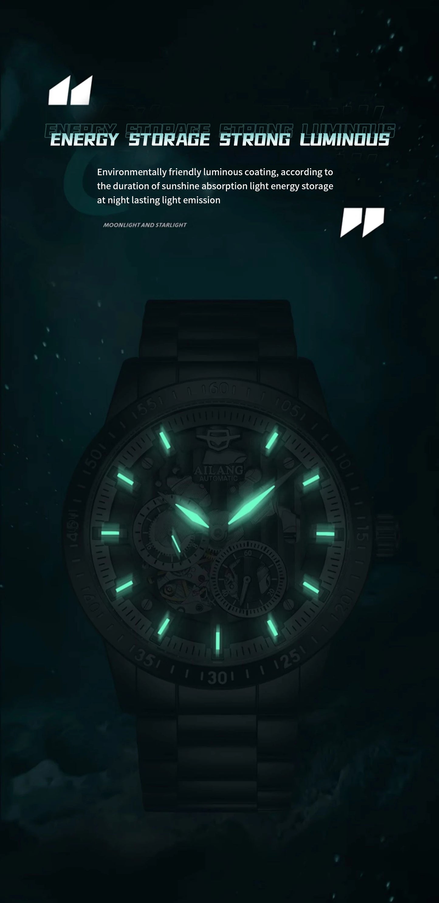AiLang automatic mechanical watch back hollow out men high-end fashion multifunctional calendar glow-in-the-dark waterproof