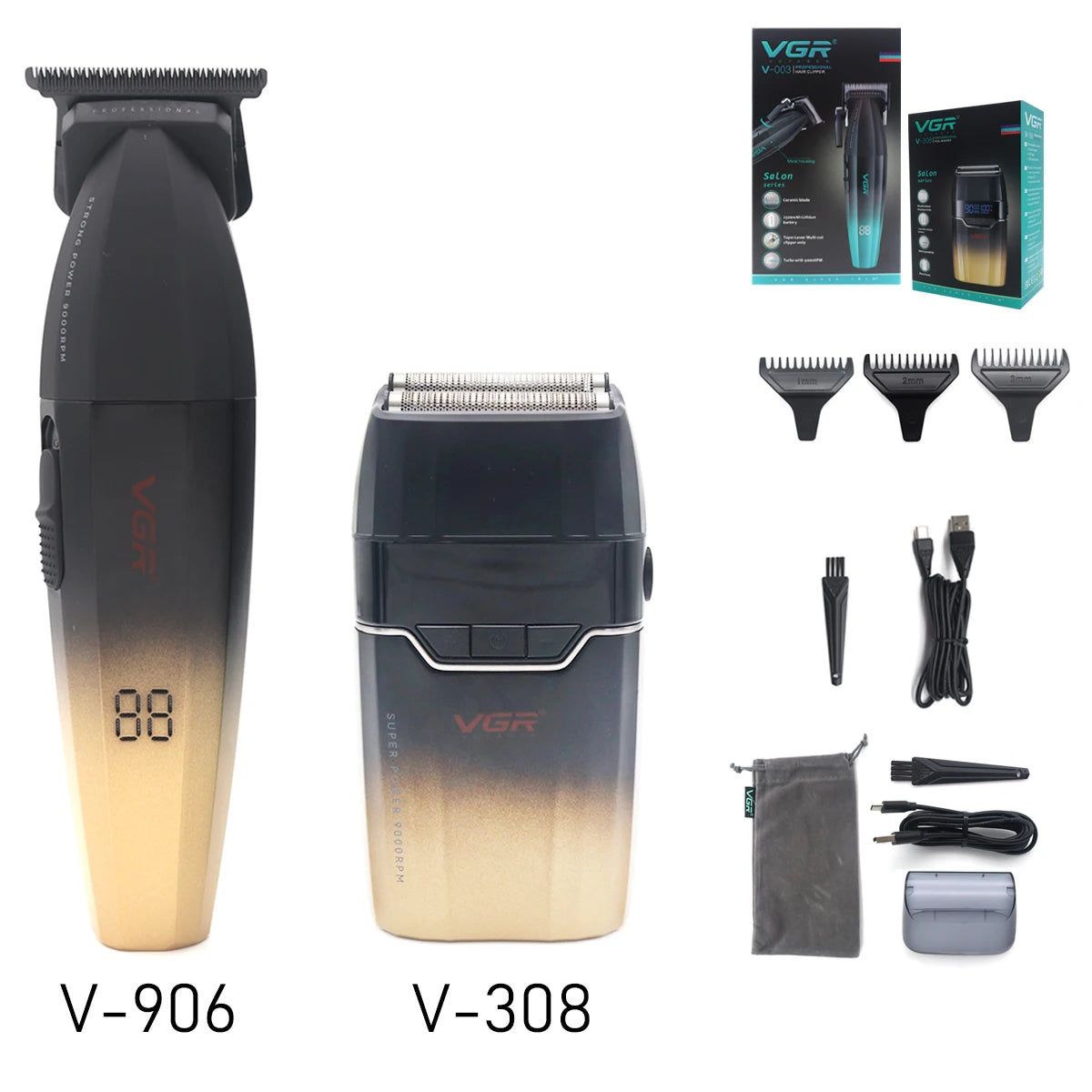 VGR V308 Beard Trimmer for Men Double Foil Full Metal LCD Display 9000RPM Electric Shaver Barber Professional Barber Machines