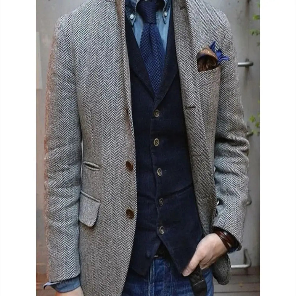 Men's Suit Brown Blazer Prom Tuxedos Herringbone Wool Tweed Single Breasted Formal Bussiness Jacket for Wedding（Only Coat）