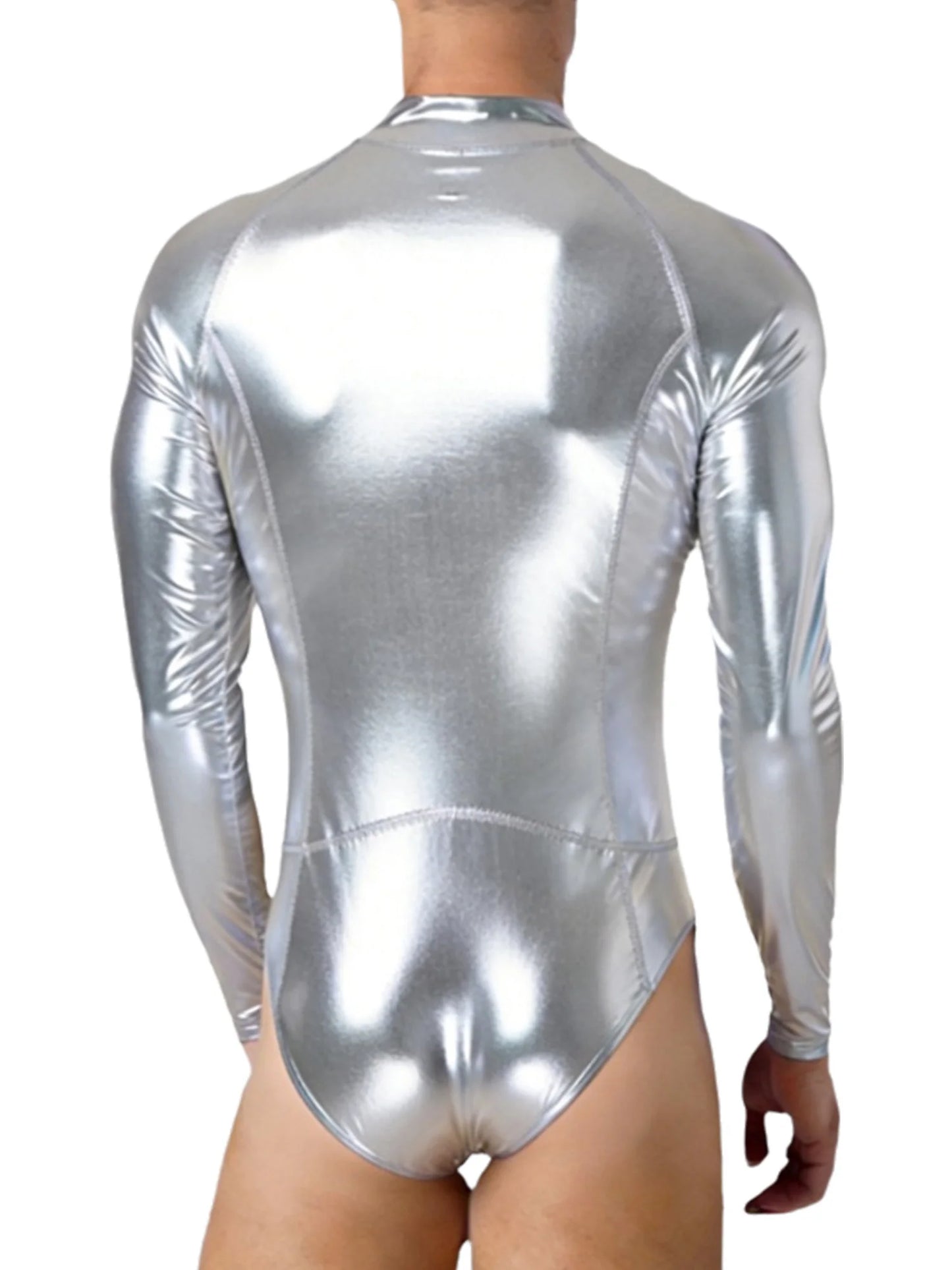 Mens Bathing Suits Swimsuits Metallic Shiny Bodysuit Long Sleeve One-piece for Nightclub Jazz Dance Beach Gymnastics Leotard