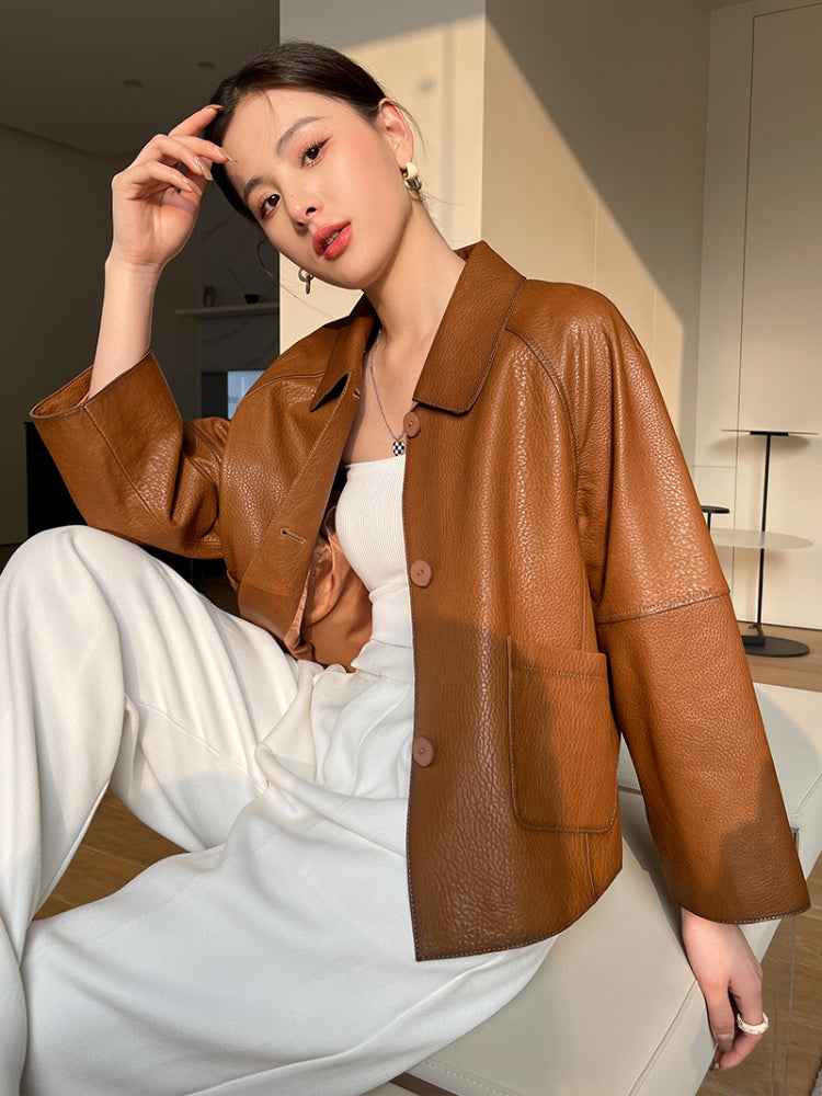 High-end Simple Natural Sheepskin Coats for Women 2025 New Trend Casual Single-breasted Lychee Texture Genuine Leather Jacket
