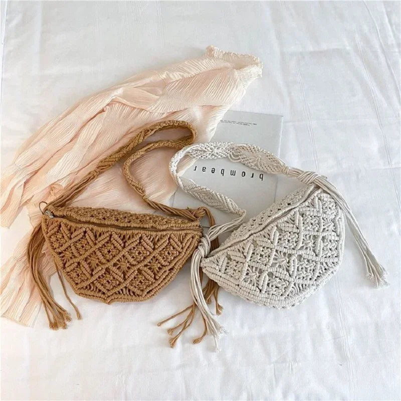 Women's Summer Beach Knitted Bag Bohemia Fanny Pack Fashion Ethnic Style Crochet Waist Bag Shoulder Bag Woven Outdoor Tote 2024