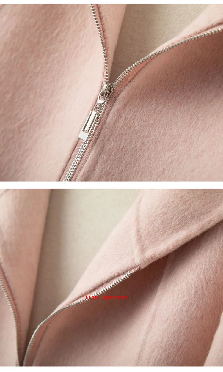 Elegant Woolen Coat Woman 2025 Winter New Fashion Pink Hooded Short Zipper Double-Sided Wool Jacket Ladies Slim Outerwear B810