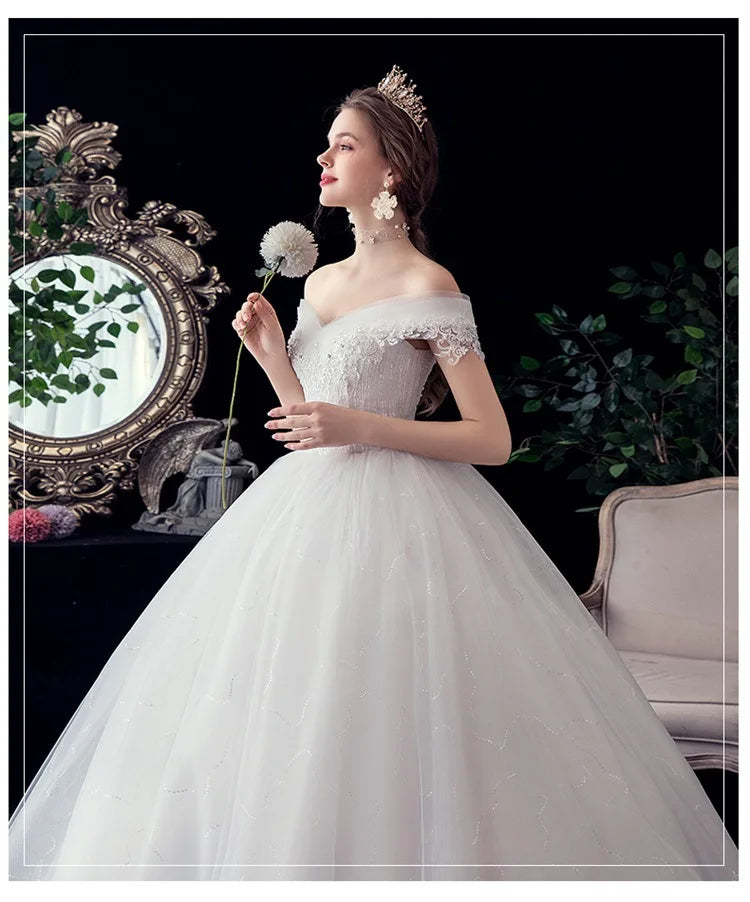 Shiny Wedding Gowns Sweet Boat Neck Wedding Party Ball Gown Off Shoulder Wedding Dresses Customized For Women