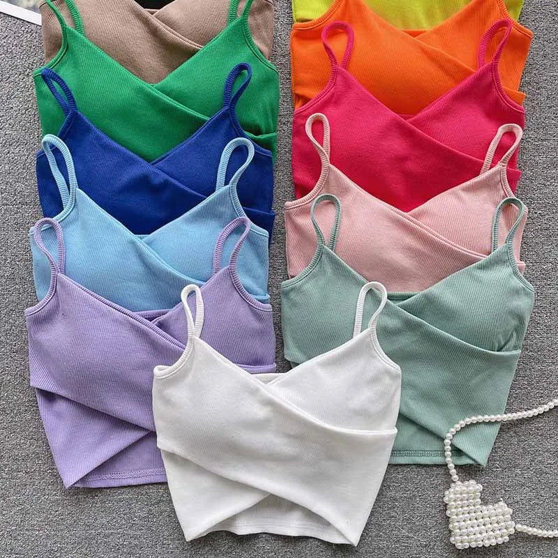 Summer Women's Ribbed Slimming Tank Top Built-in Bra Super Stretch Cross Back Bralette Sexy Layering Camisole Daily Topks