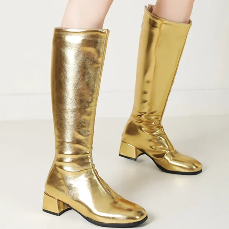 Women's Knee High Boots Winter Shoes 2026 Gold Silver Low Heeled Long Boot Ladies Party Footwear Shoes Large Size 45 Waterproof