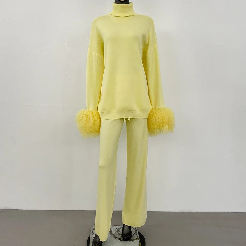 Coat Women Knitted Suit Women's Sweater Set Real Mongolian Sheep Fur Cuffs High Quality Wool & Blend Knitted Pullover and Pants