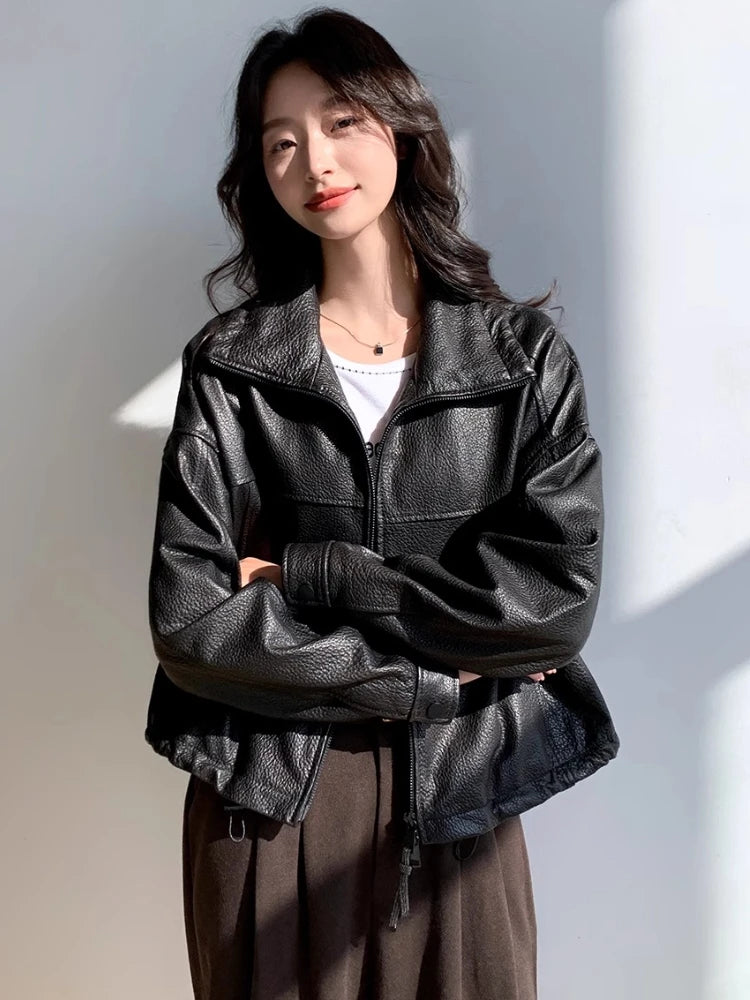 Vintage Genuine Leather Cropped Jackets for Women Spring Autumn 2025 New High-end Simple Stand Collar Bubble Real Sheepskin Coat