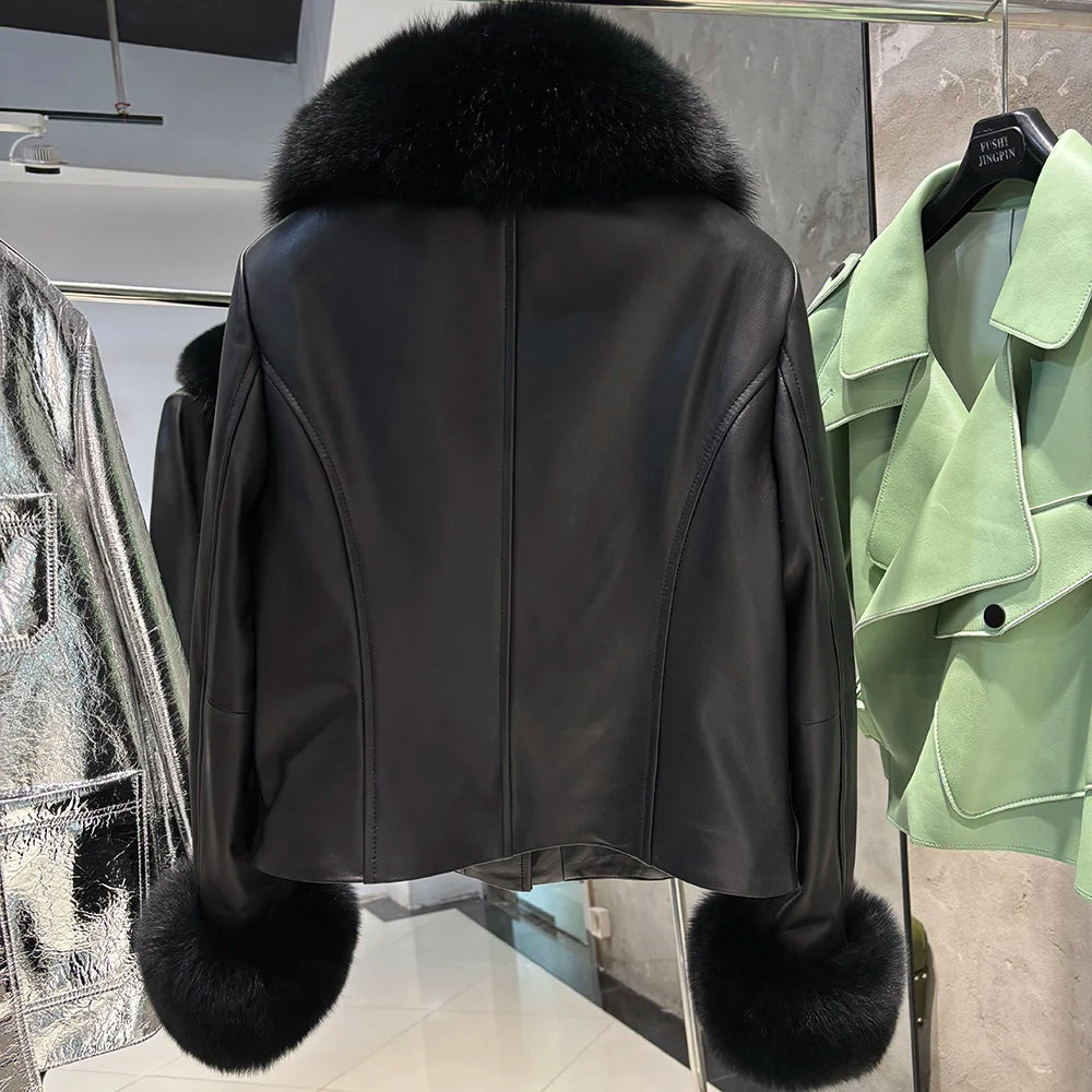 YOLOAgain Women's Mongolia Sheep Fur Collar Real Leather Jacket Single Breasted